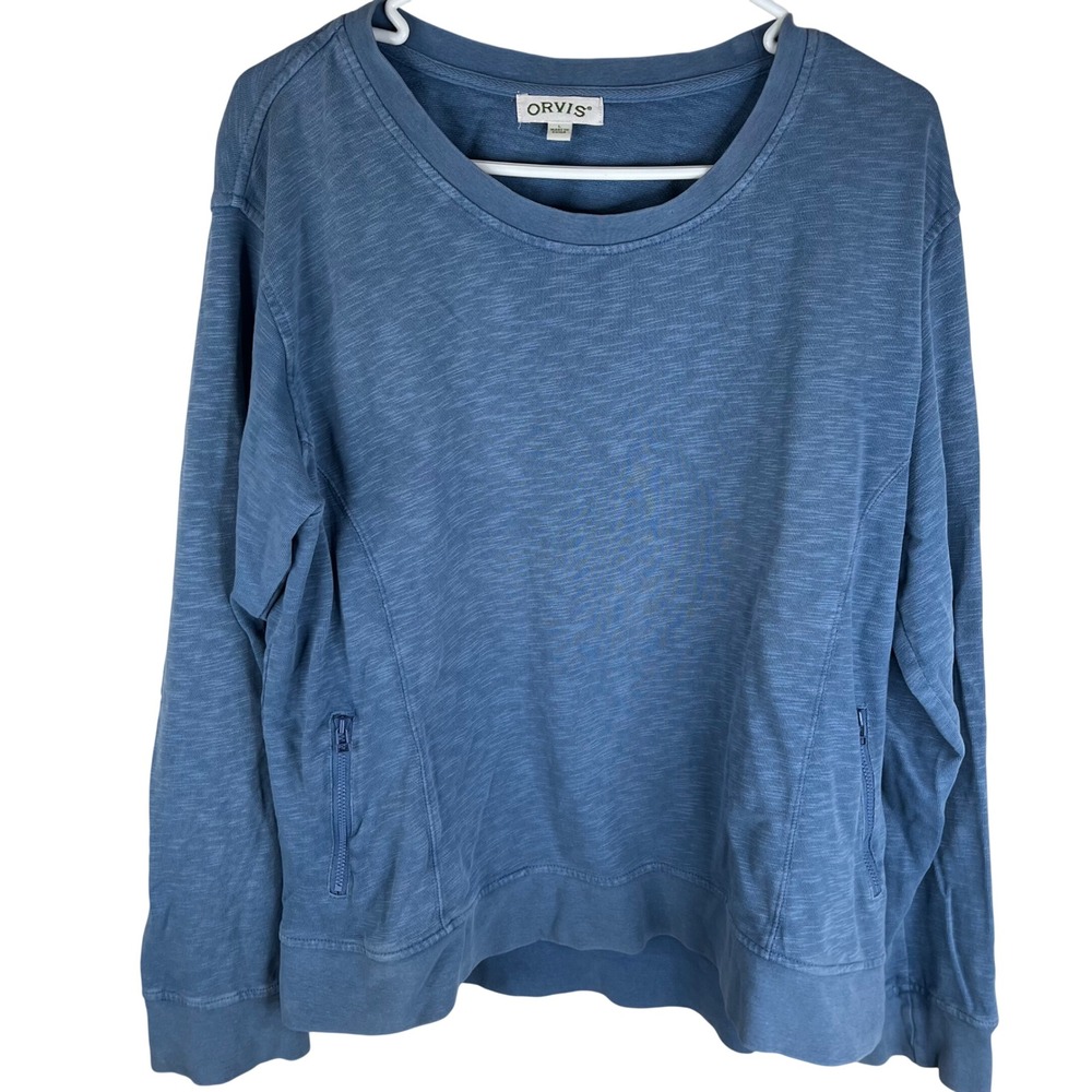 Orvis Sweatshirt Womens L Blue Cotton Slub Knit Pullover Side Zip Pockets 2F1M
